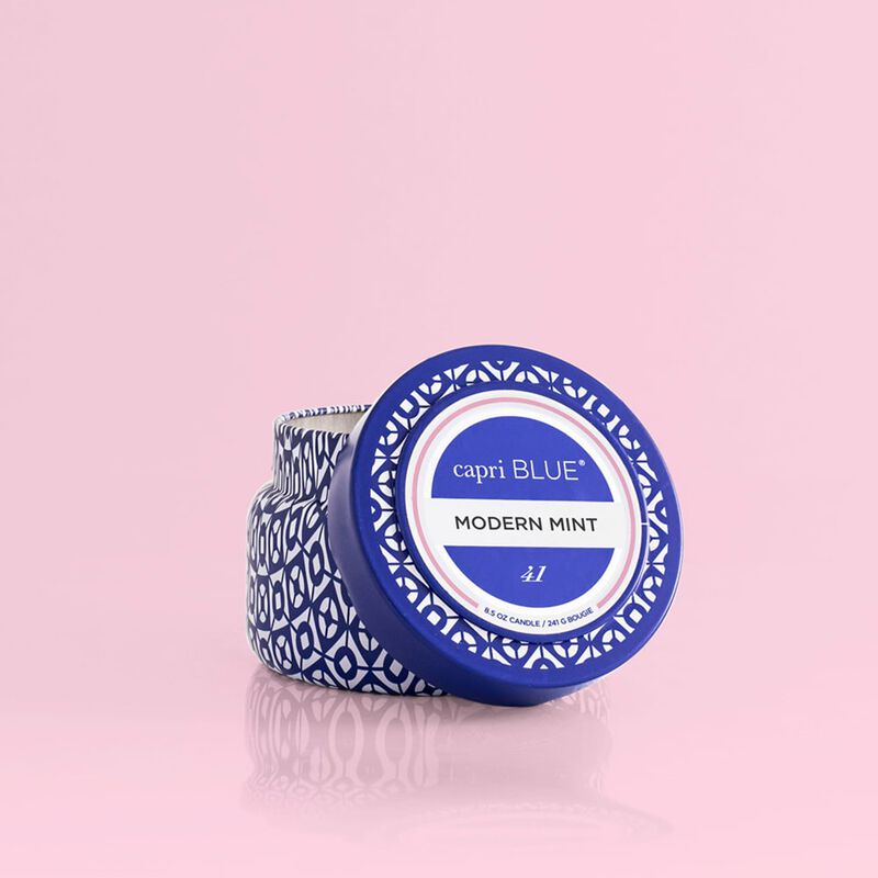Modern Mint Printed Travel Candle, 8.5oz product with lid off image number 3